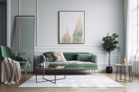 Green Sage Living Room Interior Design - Modern, Minimalistic, and Cozy, Created with Generative AIの素材