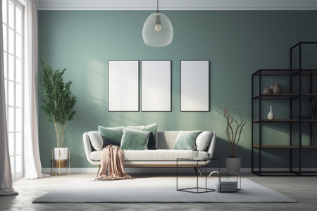 Green Sage Living Room Interior Design - Modern, Minimalistic, and Cozy, Created with Generative AIの素材