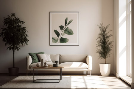 Green Sage Living Room Interior Design - Modern, Minimalistic, and Cozy, Created with Generative AIの素材