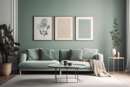 Green Sage Living Room Interior Design - Modern, Minimalistic, and Cozy, Created with Generative AIの素材