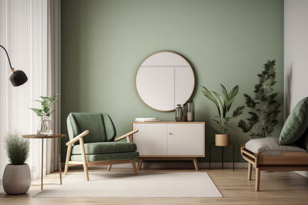 Green Sage Living Room Interior Design - Modern, Minimalistic, and Cozy, Created with Generative AIの素材