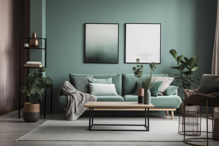 Green Sage Living Room Interior Design - Modern, Minimalistic, and Cozy, Created with Generative AIの素材