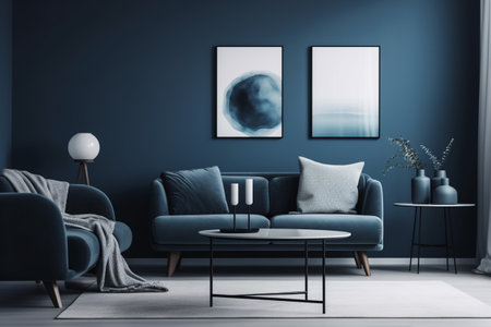 Blue Living Room Interior Design Created with Generative AIの素材