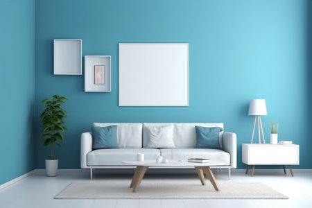 Blue Living Room Interior Design Created with Generative AIの素材