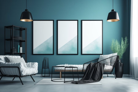 Blue Living Room Interior Design Created with Generative AIの素材