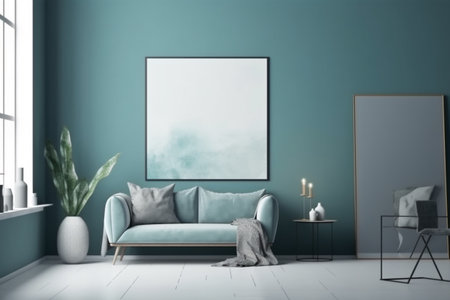 Blue Living Room Interior Design Created with Generative AIの素材