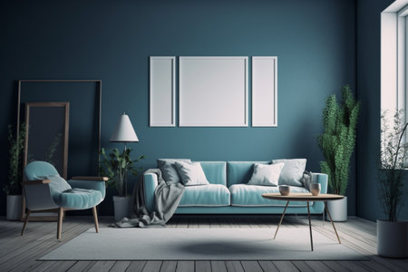 Blue Living Room Interior Design Created with Generative AIの素材