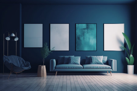 Blue Living Room Interior Design Created with Generative AIの素材