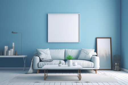 Blue Living Room Interior Design Created with Generative AIの素材