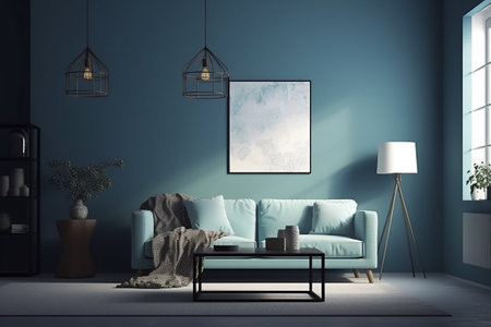 Blue Living Room Interior Design Created with Generative AIの素材