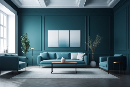 Blue Living Room Interior Design Created with Generative AIの素材