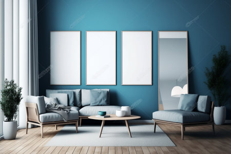 Blue Living Room Interior Design Created with Generative AIの素材