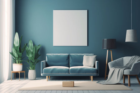 Blue Living Room Interior Design Created with Generative AIの素材