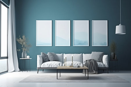 Blue Living Room Interior Design Created with Generative AIの素材