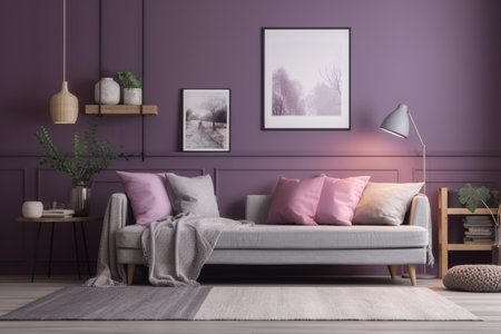 Purple Living Room Interior Design - Cozy and Sophisticated Space Created with Generative AIの素材