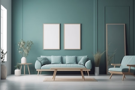 Blue Living Room Interior Design Created with Generative AIの素材
