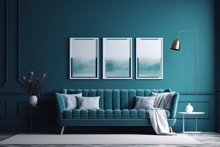 Blue Living Room Interior Design Created with Generative AIの素材