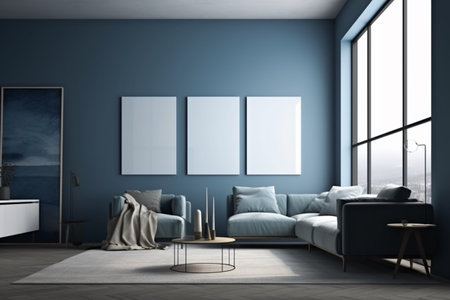 Blue Living Room Interior Design Created with Generative AIの素材