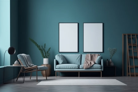 Blue Living Room Interior Design Created with Generative AIの素材
