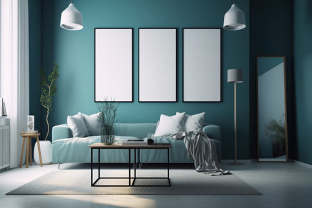 Blue Living Room Interior Design Created with Generative AIの素材