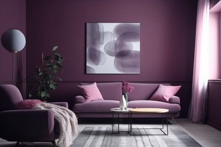 Purple Living Room Interior Design - Cozy and Sophisticated Space Created with Generative AIの素材