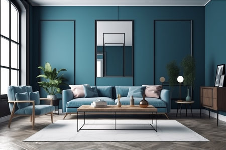 Blue Living Room Interior Design Created with Generative AIの素材