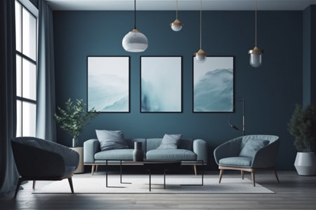 Blue Living Room Interior Design Created with Generative AIの素材