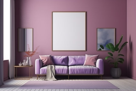 Purple Living Room Interior Design - Cozy and Sophisticated Space Created with Generative AIの素材