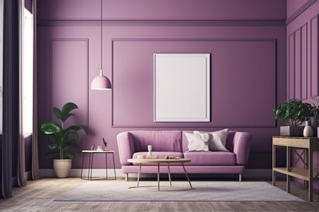 Purple Living Room Interior Design - Cozy and Sophisticated Space Created with Generative AIの素材