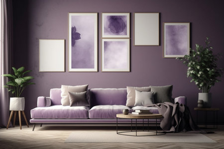 Purple Living Room Interior Design - Cozy and Sophisticated Space Created with Generative AIの素材