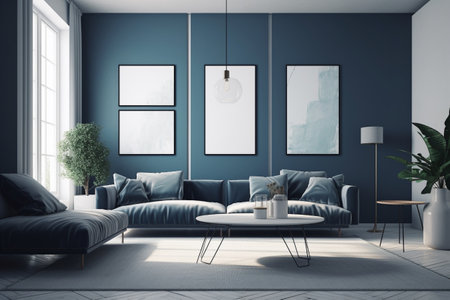 Blue Living Room Interior Design Created with Generative AIの素材