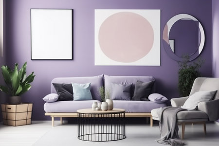 Purple Living Room Interior Design - Cozy and Sophisticated Space Created with Generative AIの素材