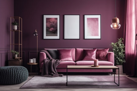 Purple Living Room Interior Design - Cozy and Sophisticated Space Created with Generative AIの素材