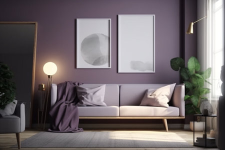 Purple Living Room Interior Design - Cozy and Sophisticated Space Created with Generative AIの素材