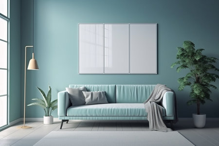 Blue Living Room Interior Design Created with Generative AIの素材