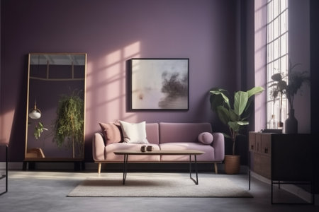 Purple Living Room Interior Design - Cozy and Sophisticated Space Created with Generative AIの素材
