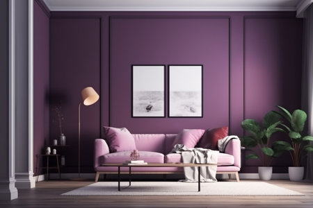 Purple Living Room Interior Design - Cozy and Sophisticated Space Created with Generative AIの素材
