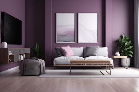 Purple Living Room Interior Design - Cozy and Sophisticated Space Created with Generative AIの素材