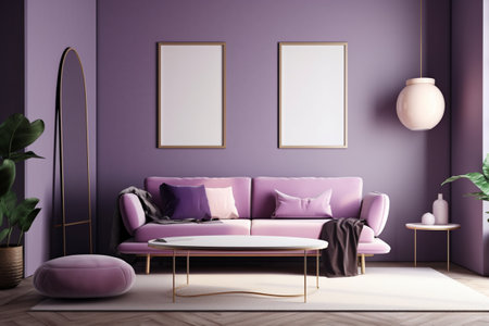 Purple Living Room Interior Design - Cozy and Sophisticated Space Created with Generative AIの素材