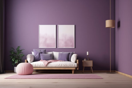 Purple Living Room Interior Design - Cozy and Sophisticated Space Created with Generative AIの素材
