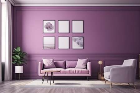 Purple Living Room Interior Design - Cozy and Sophisticated Space Created with Generative AIの素材