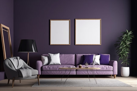 Purple Living Room Interior Design - Cozy and Sophisticated Space Created with Generative AIの素材