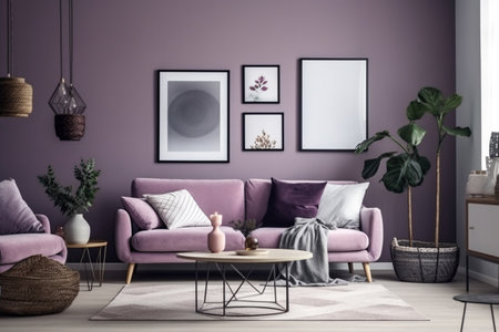 Purple Living Room Interior Design - Cozy and Sophisticated Space Created with Generative AIの素材