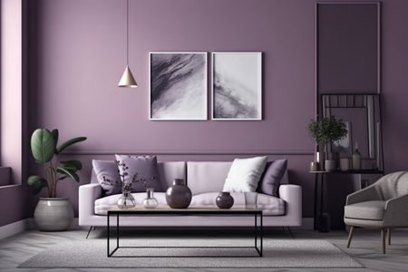 Purple Living Room Interior Design - Cozy and Sophisticated Space Created with Generative AIの素材
