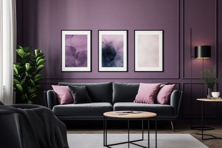 Purple Living Room Interior Design - Cozy and Sophisticated Space Created with Generative AIの素材