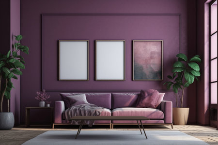 Purple Living Room Interior Design - Cozy and Sophisticated Space Created with Generative AIの素材