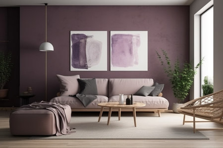 Purple Living Room Interior Design - Cozy and Sophisticated Space Created with Generative AIの素材
