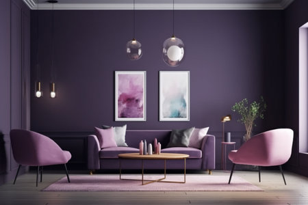 Purple Living Room Interior Design - Cozy and Sophisticated Space Created with Generative AIの素材