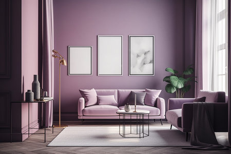 Purple Living Room Interior Design - Cozy and Sophisticated Space Created with Generative AIの素材