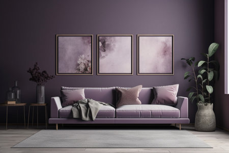 Purple Living Room Interior Design - Cozy and Sophisticated Space Created with Generative AIの素材